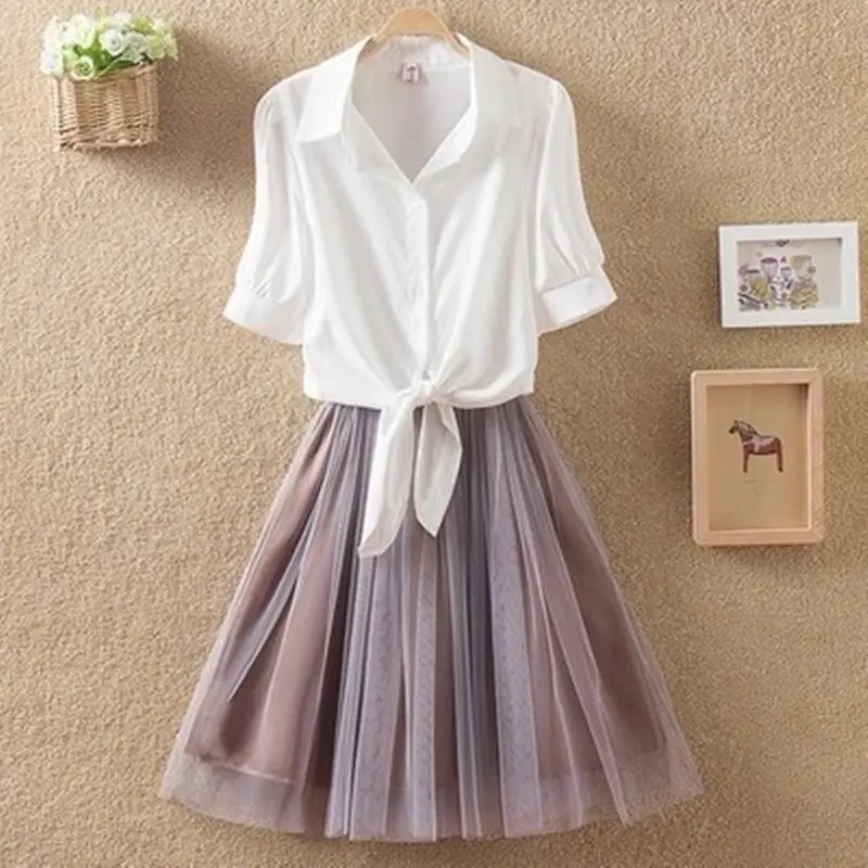 

2019 Summer Set New Plus Size Women Dress Fashion Slim Large Size Blouse And Sundess Dress Two-piece Set Tutu Mesh Vestidos BL31