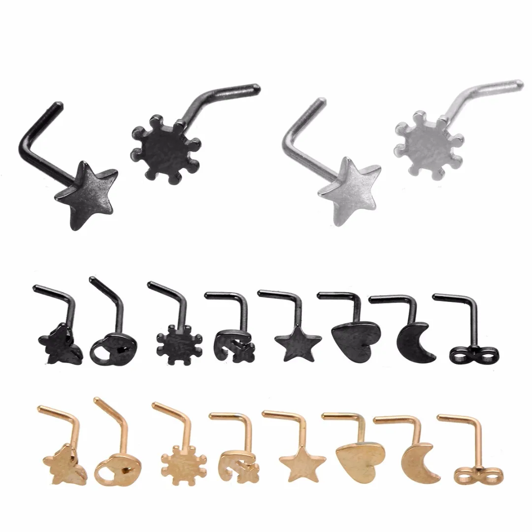 Stainless Steel Nose Rings & Studs Sexy Lady Body Piercing Set 8pcs L Shaped Heart Moon Star Nose Ring For Women Jewelry