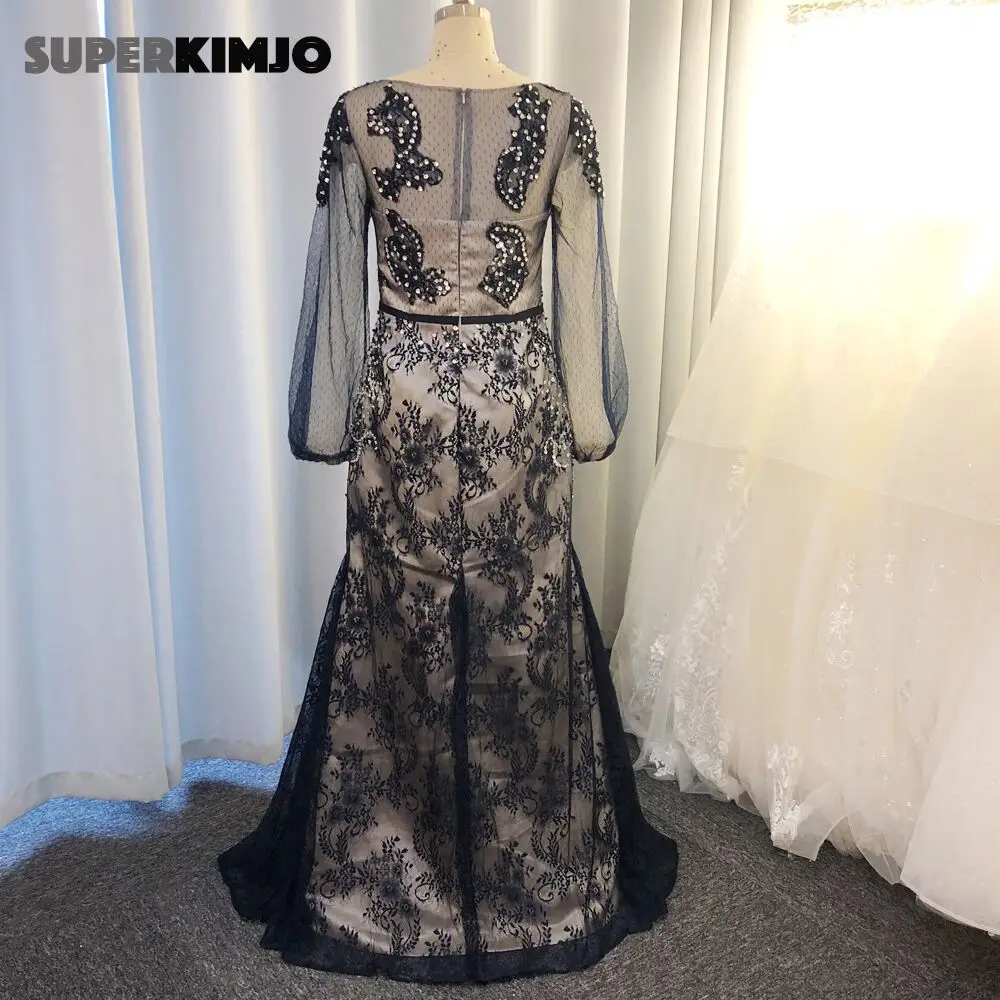 SuperKimJo Abendkleider скромные темно-синие вечерние платья с длинными рукавами, украшенные бисером элегантная Кружевная аппликация вечернее платье