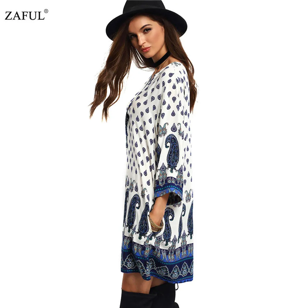 New Fashion women Geometric totem print chiffon Dress sexy vintage V neck long sleeve dress casual loose brand dress (5)