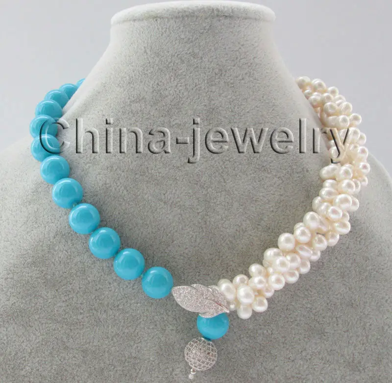 

shipping 3row 18" 7-8mm white freshwater pearl + 12mm turquoise sea shell pearl necklace