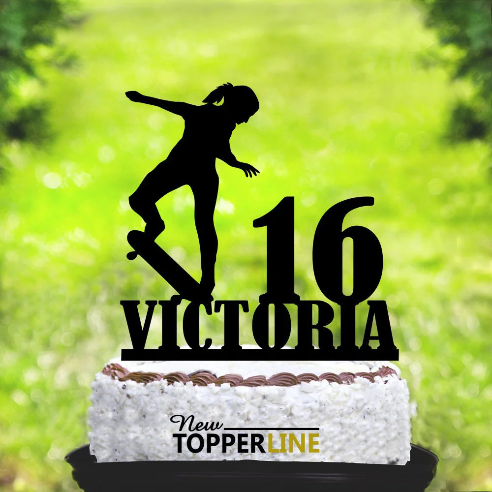Personalized Happy Birthday Cake Topper,Female Skateboarder,Extreme Sports,Girl Birthday Party Topper decor Supplies