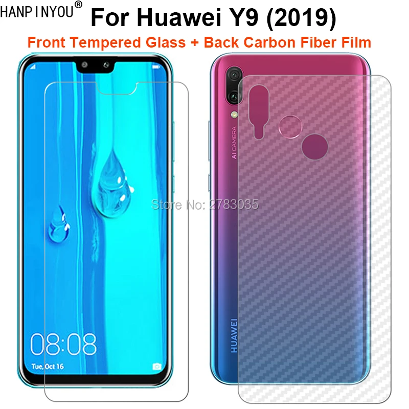 

For Huawei Y9 (2019) 6.5" 1 Set = Soft Back Carbon Fiber Film + Ultra Thin Clear Premium Tempered Glass Front Screen Protector