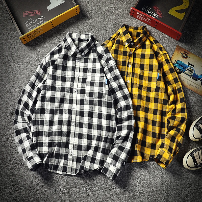 

Hot Sale Mens Shirts Large Sizes Trendy Plaid Male Shirt Autumn Black Yellow Men Long Sleeve Shirt