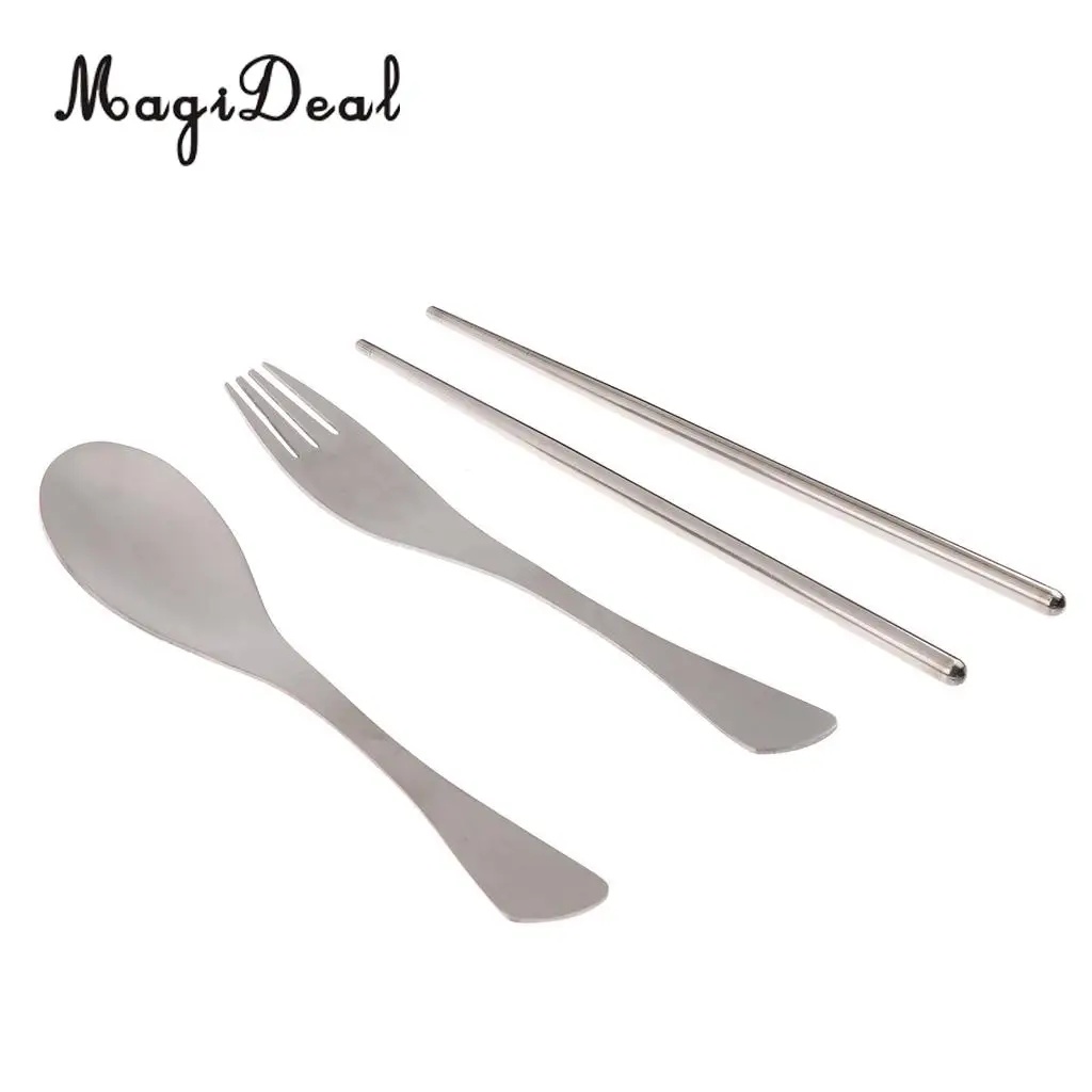 MagiDeal Stainless Steel Camping Tableware Outdoor Spoon Chopsticks Spoon Fork Picnic  BBQ Travel Portable Cutlery Set