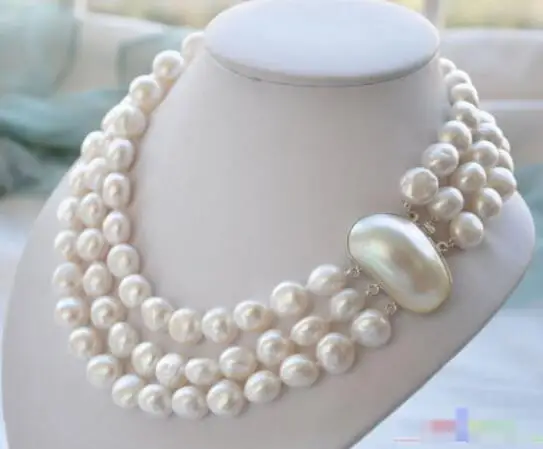 

Hot sale new Style >>>>> P4117 3ROW 15mm BAROQUE WHITE FRESHWATER PEARL NECKLACE MABE