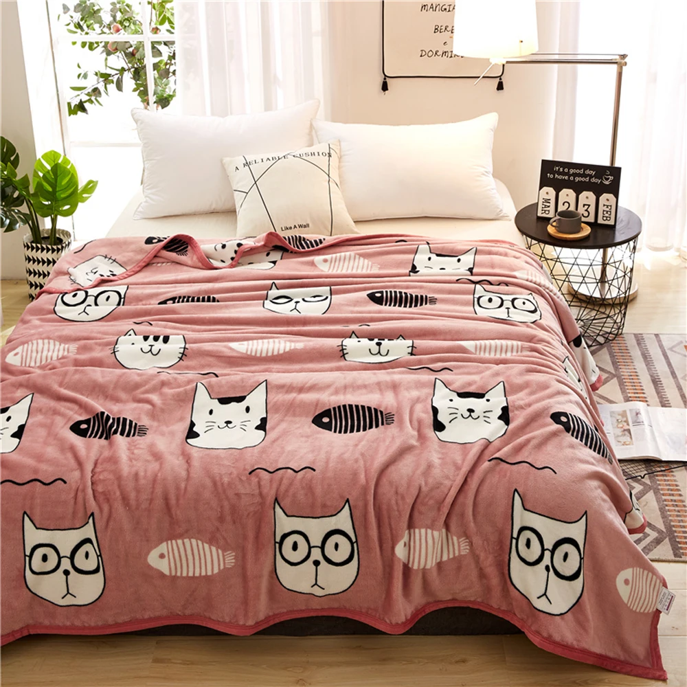 

2018 Cat Fish Animals Pink Soft Summer Print Thin Blanket Little Throws Coral Fleece Microfiber Plaids Bedsheet Polyester