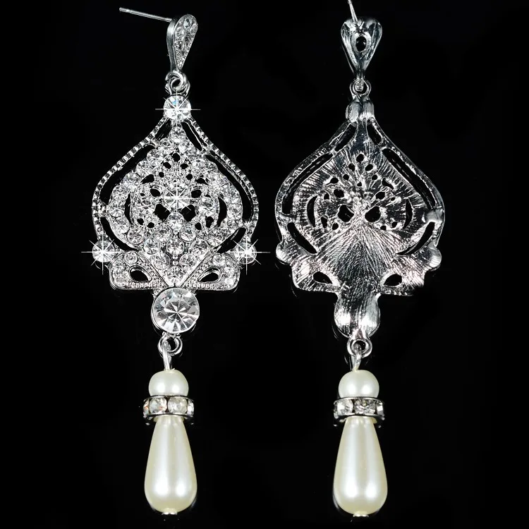 Vintage-Stunning-Silve-Clear-Austrian-Crystals-Wedding-Chandelier-Earring-Bridal-Drop-Pearls-Earring