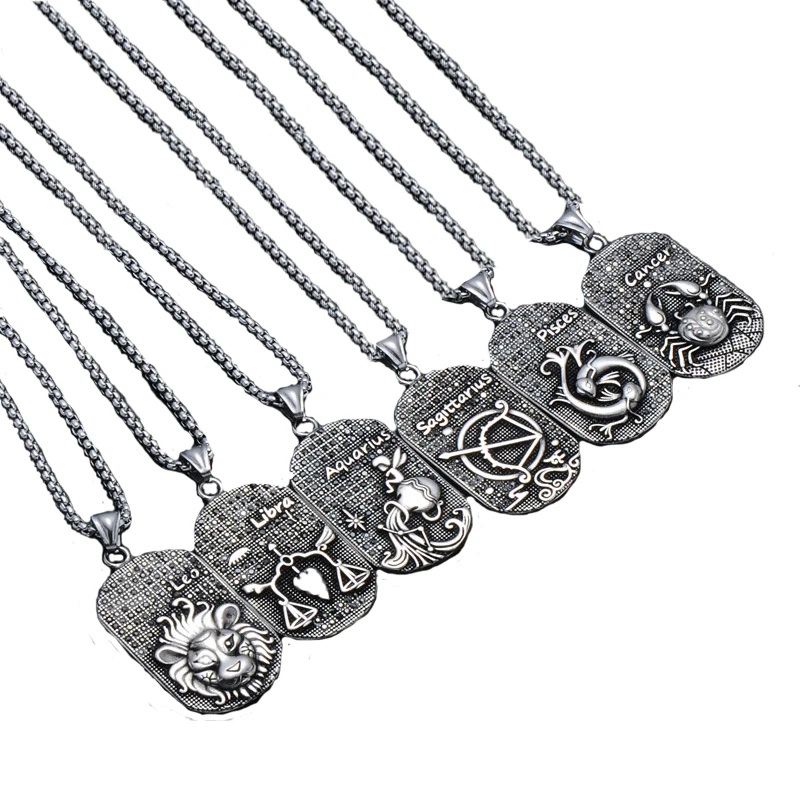 

Charm Twelve Constellations Libra Scorpio Stainless Steel Men Necklaces Pendant High Quality DIY Long Necklace Cool Men Jewelry