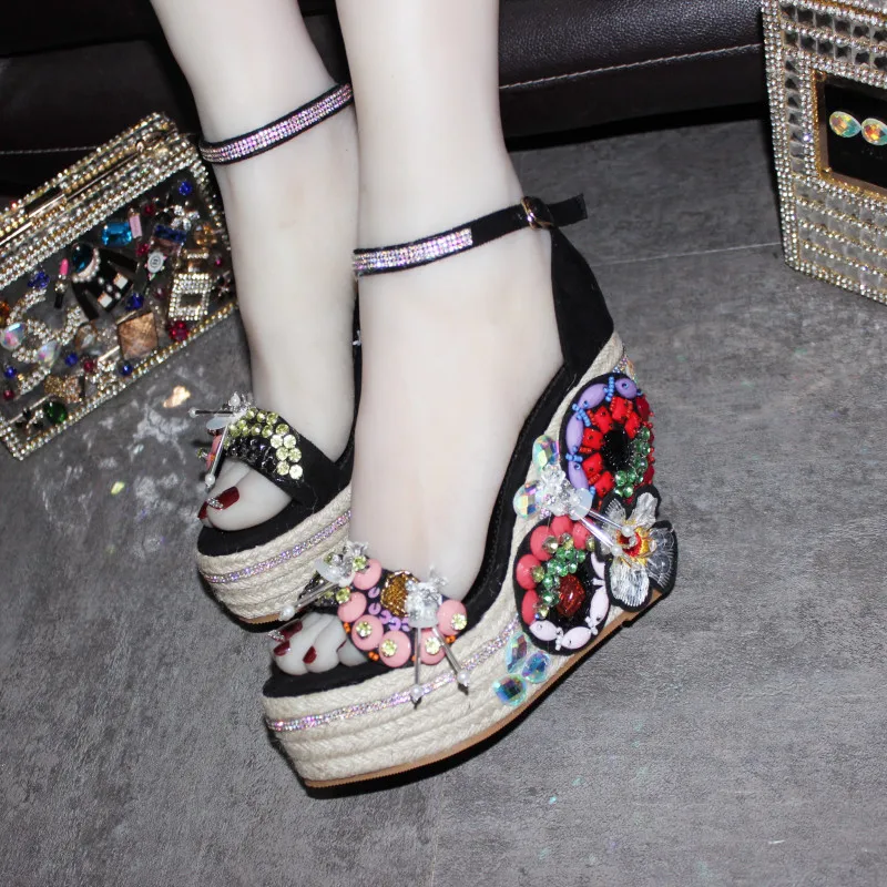 

Sandalias Mujer 2019 Stylish Magic Show Sandals Women Colors Crystal Studded Rhinestone Sandals 10cm High Wedges Shoes For Women