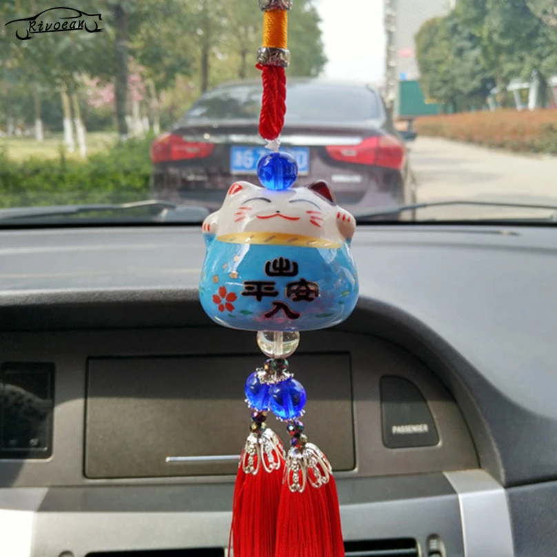 

Car Pendant Ceramic Cute Lucky Cat Safe Driving Hanging Ornaments Automotive Rear View Mirror Decoration Suspension Trim Gift
