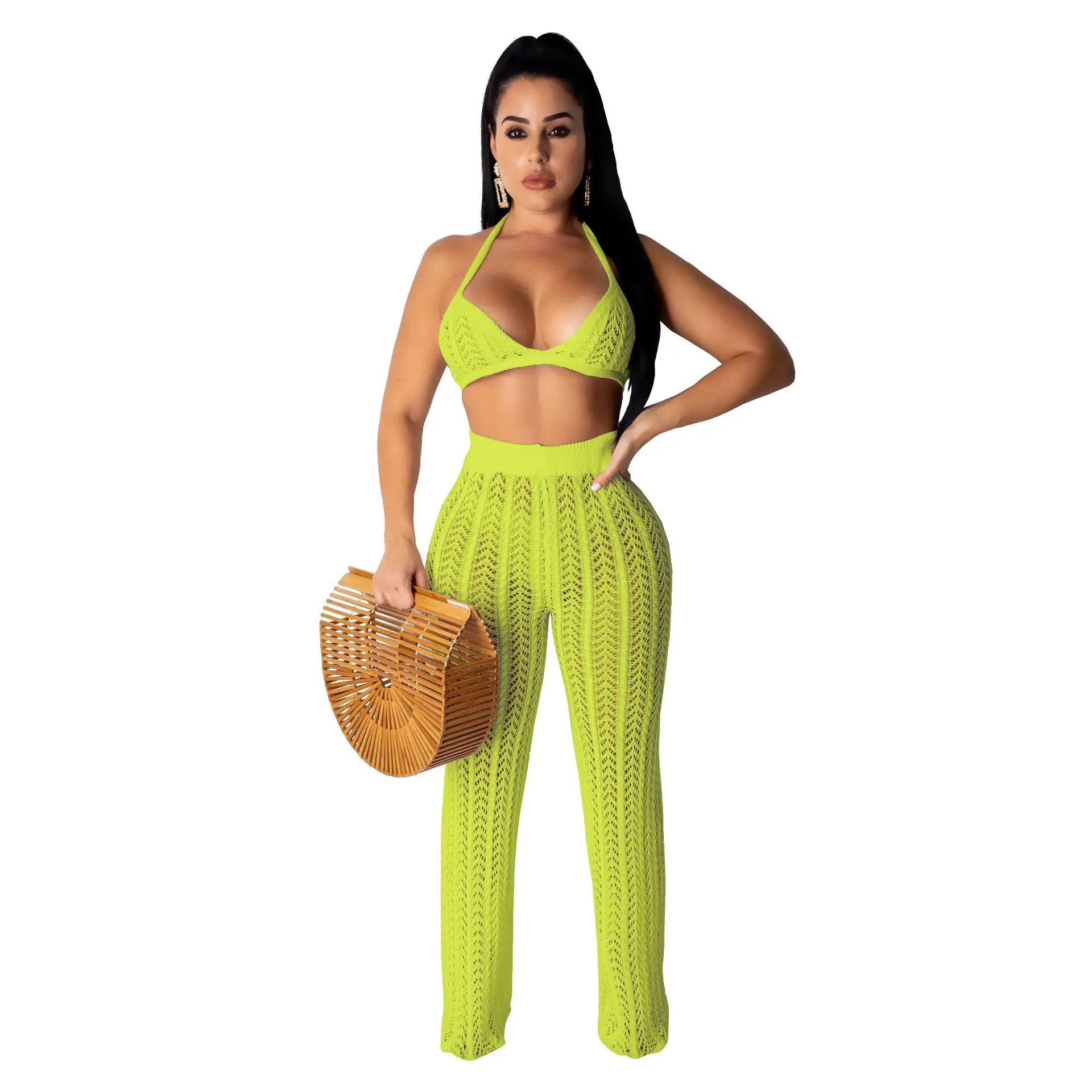 

Summer Beach Knitted Grid Two Piece Set Sexy Hollow Out Transparent Crop Top With Long Pants Women Set Vintage Slim Women Outfit