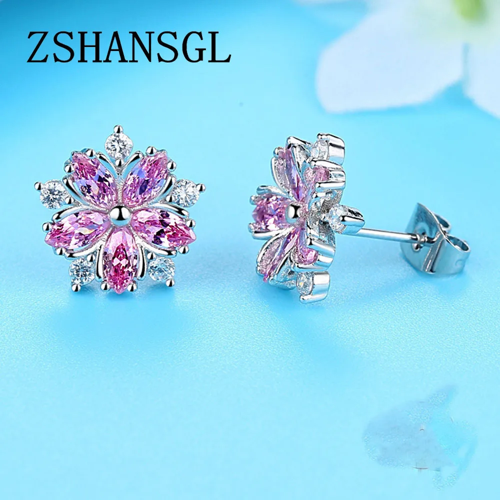 Симпатичный с кристаллами женский розовый Snowfalke серьги Мода 925 серебряные свадебные украшения Boho маленькие Сакура цветок серьги гвоздики для женщин