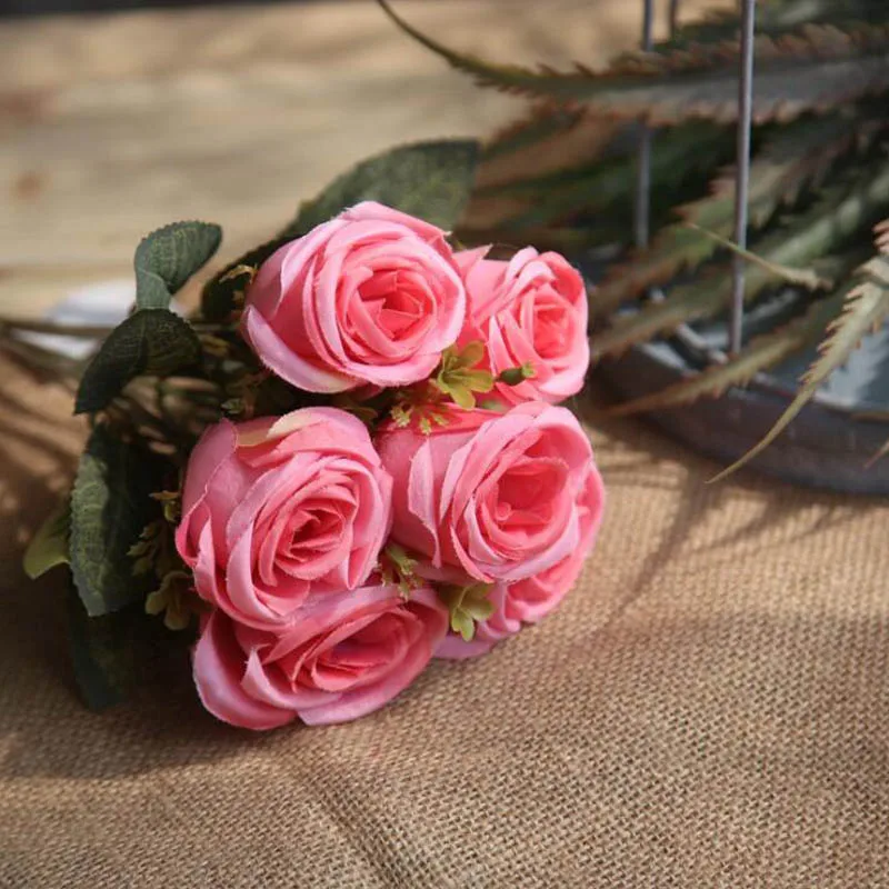 Artificial Silk 6 Bunch Floral Bouquet Rose Fake Flowers with Leaf Arrange Table Daisy Wedding Home Decor Party Accessory Flores