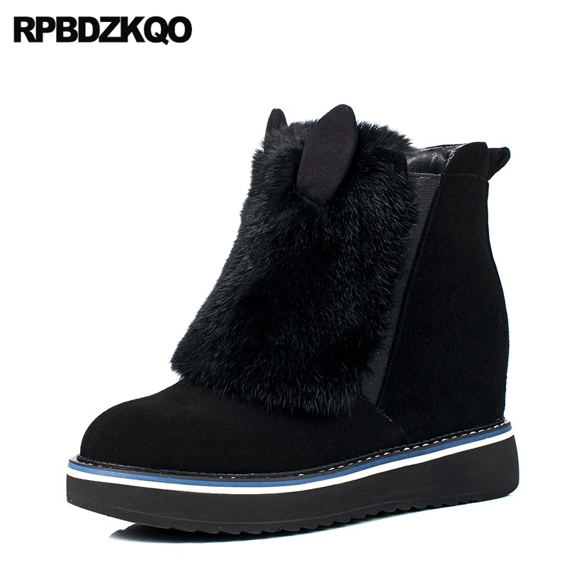 

Black Flat Platform Suede Embellished Ankle Fur Real Shoes Women Boots 2016 Round Toe Furry Booties Strange New 2017 Ladies