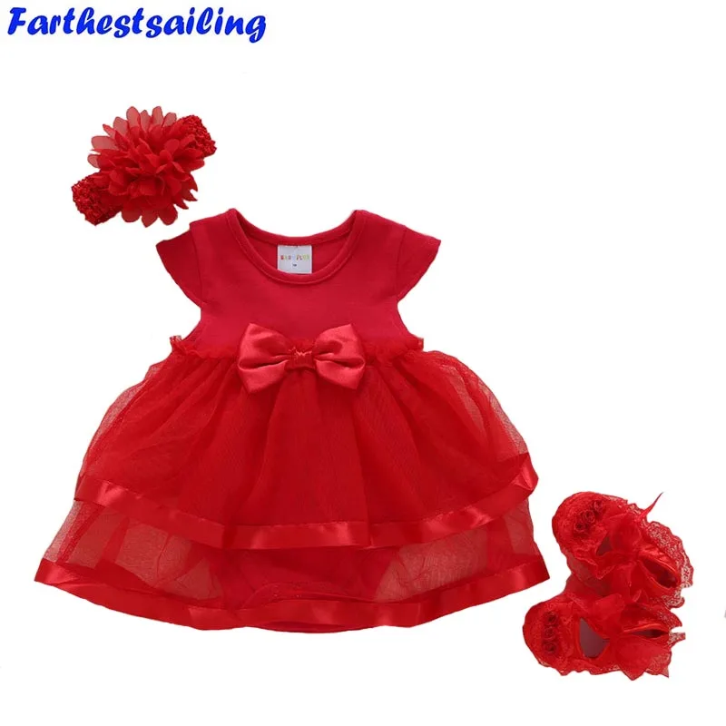Baby Girls Dress 2018 Summer Newborn Clothes Solid Short Sleeve Lace Ball Gown Baby Party Dress+Shoes+Hair Band Kids Clothing