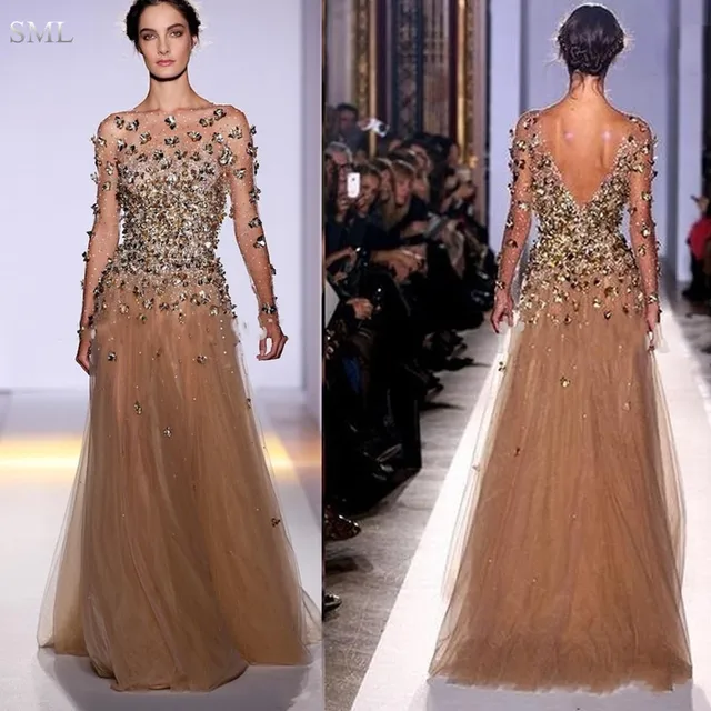 Sml New Zuhair Murad 2017 Y Formal Evening Dresses Long Sleeves Sml New Zuhair Murad 2017 Y Formal Evening Dresses Long Sleeves Bateau Gold Tulle Crystals Backless