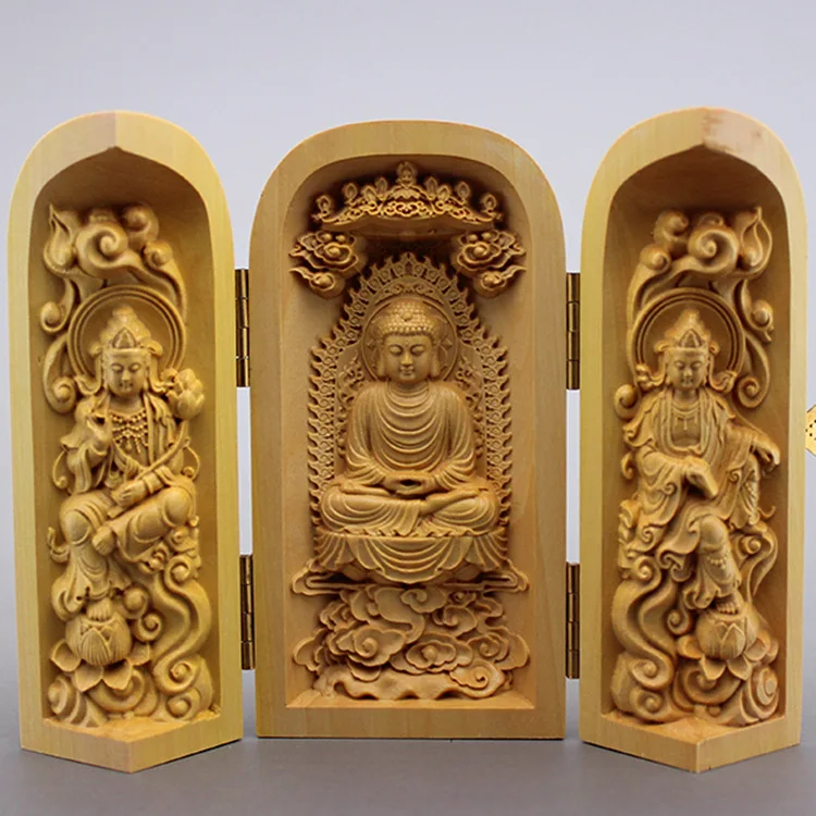 

Exquisite Boxwood Carving Buddha Statue Three Open Box Wood Crafts Ornaments Boutique God Ornaments