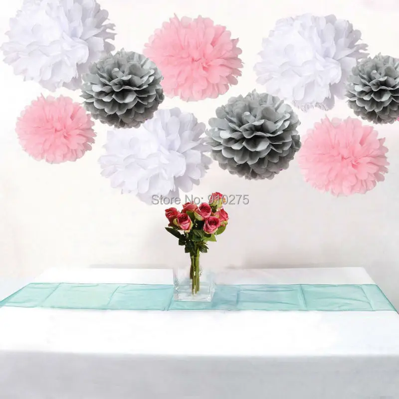 18PCS Mixed White Grey Pink Tissue Pom Poms Pompoms Girl Baby Shower