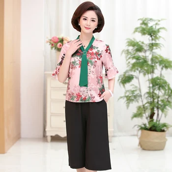

New summer 2018 ladies's floral chiffon blouse two pieces elegant women twin set chiffon blouse tops with pants
