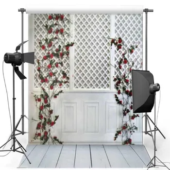 

Red Flower Leaves White Wood Door photo backdrop Vinyl cloth High quality Computer print wall Backgrounds
