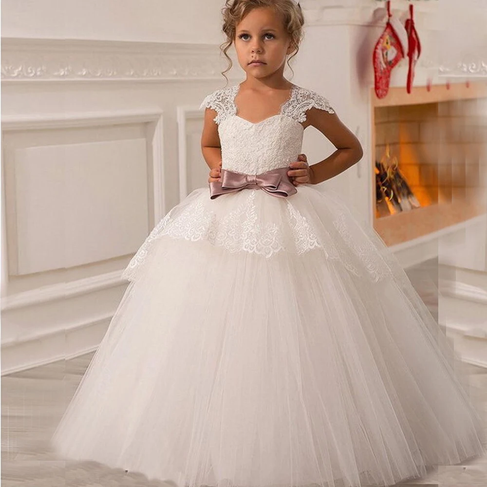 2017 New White Puffy Lace Bow Girl Dress Weddings Long Ball Gown Kids