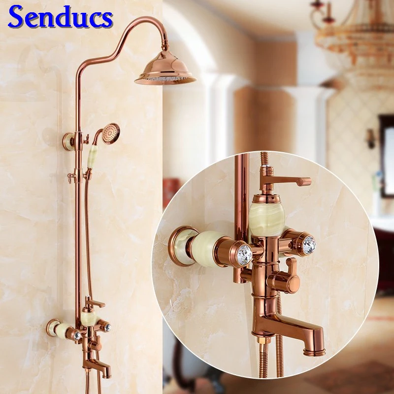 Senducs из розового золота, для ванной набор для душа наивысшего качества Нефритовый камень смеситель для душа и ванной кран осадков насадки