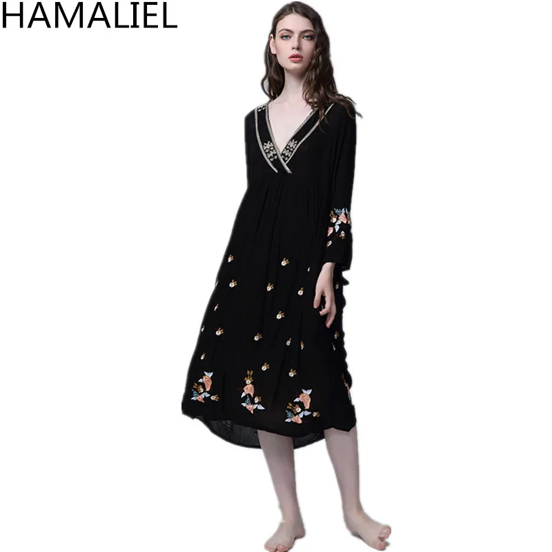 HAMALIEL Embroidery Bohemian Holiay Long Women Dress New 2018 Runway