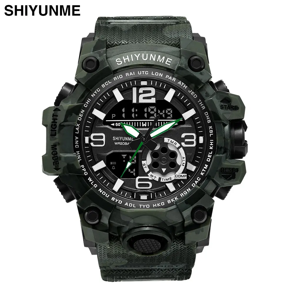 2019new Brand Sports Watches Men Dual Time Camouflage Military Watch Men Army LED Digital Wristwatch 50M Waterproof Men's Clock - Цвет: Зеленый