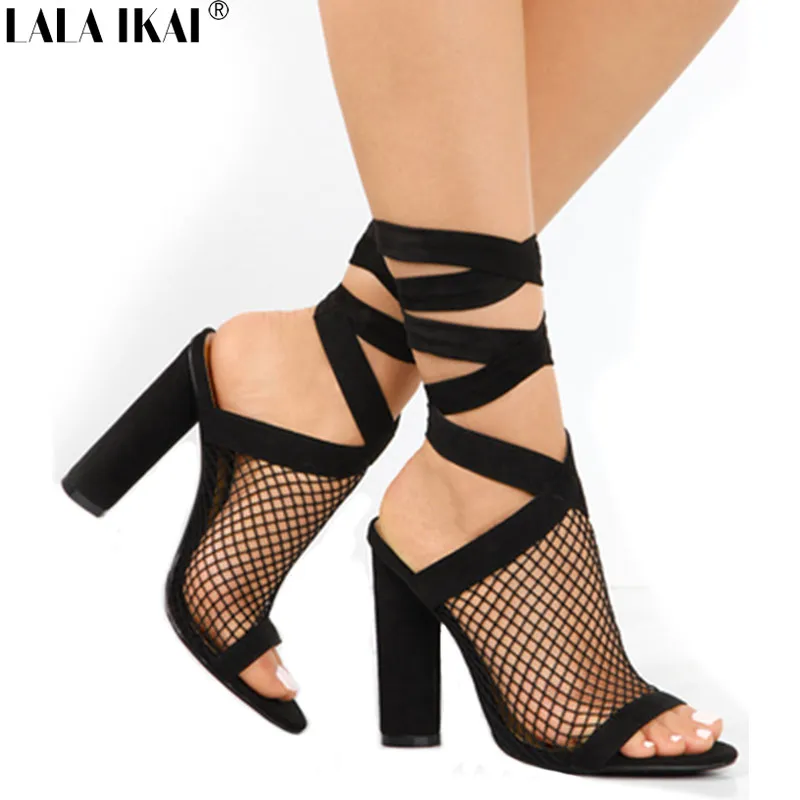 

LALA IKAI 2018 Gladiator Sandals Women Sexy High Heels Sandals Mesh Cross-tied Ankle Strap Wedges Party Shoes XWC1013-45