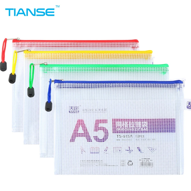 

TIANSE A5 plastic file bag mesh zipper closure document bag student stationery organizer transprent file folder storage pen case