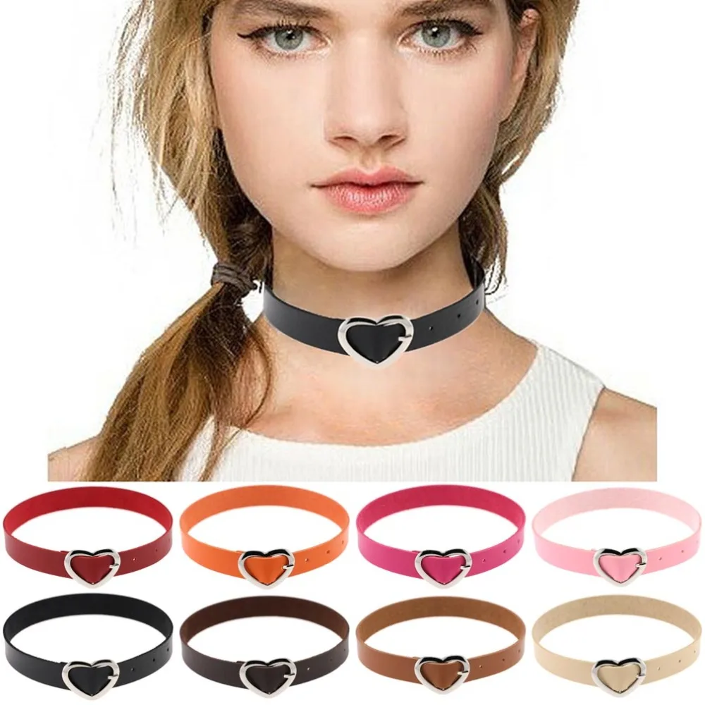

NEW Harajuku Faux Leather Collar Choker Necklace Heart Buckle -Punk Goth Fetish Anime Necklace