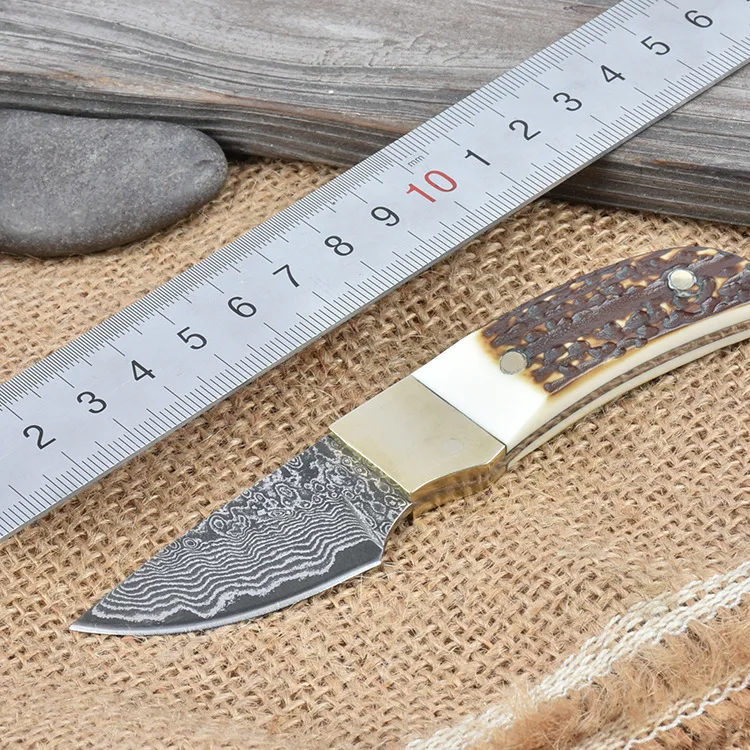 Дешевый Дамасская сталь лезвия Открытый Отдых нож Портативный выживания Охотничьи ножи с кожаной оболочке ножи фиксированным EDC нож подарок
