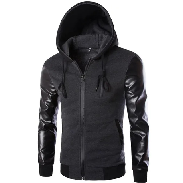 Men 's Hooded Jacket Coat Fashion Stitching Leather Sleeve Male Zipper