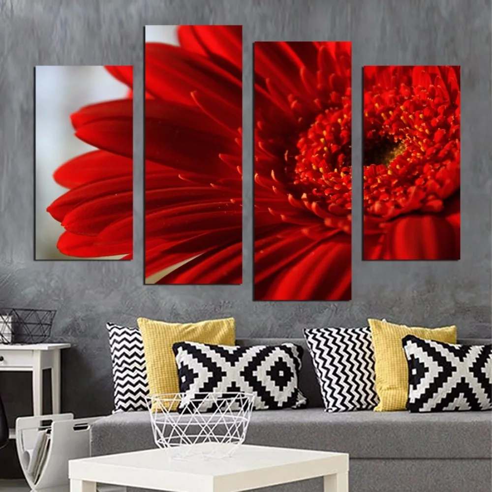 4 Panel Canvas Wall Art Decor Modern Decorative Picture Red Flower