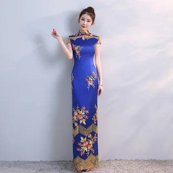 

New Blue Chinese Traditional Dress Women's Slim Cheongsam Embroidery Sequins Modern Oriental Long Qipao Evening Dresses