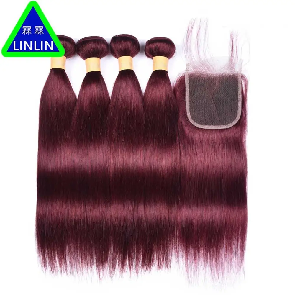 

LINLIN Pre-Colored Indian Closure 99J Red Wine Human Hair 4 Bundles With 4*4 Lace Closure Free/Middle/Three Part Hair Rollers