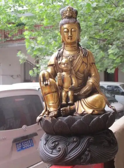 

S7184 15"Tibet Bronze Gild lucky charm Carried Child Buddha Kwan-yin kuan Yin Statue D0318