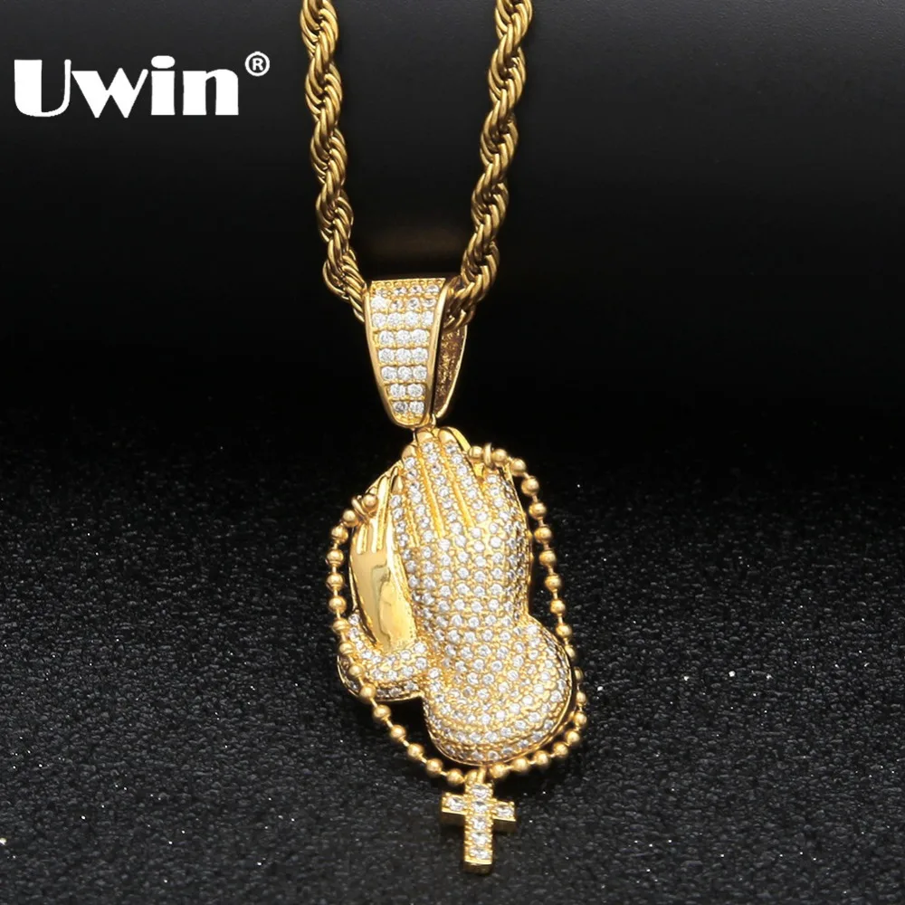 

Uwin Pray Hands With Rosary Corss Necklace Pendant For Men Iced Out Cubic Zirconia Fashion Religion Jewelry Wholesale