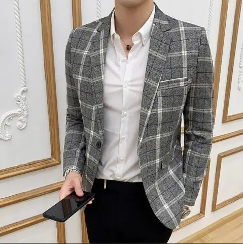 Весна и осень девушки мужской пиджак, жакет тонкий дизайн в полоску Plaidcoat Мужские размеры для Азии S M L XL XXL XXXL, голубой, серый, хаки - Цвет: Серый