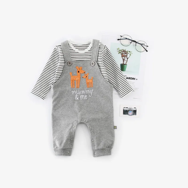 Детские повседневные комплекты одежды хлопковая футболка в полоску с животными+ комбинезон костюм из 2 предметов Одежда для новорожденных одежда с длинными рукавами для малышей