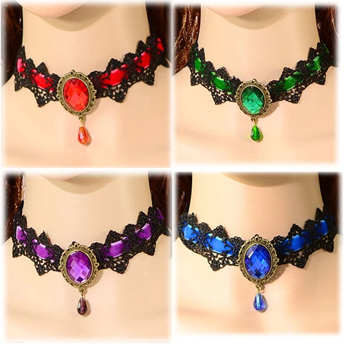 

Fashion Women's Jewelry Goth Lolita Lace Collar Choker Short Crystal Pendant Necklace