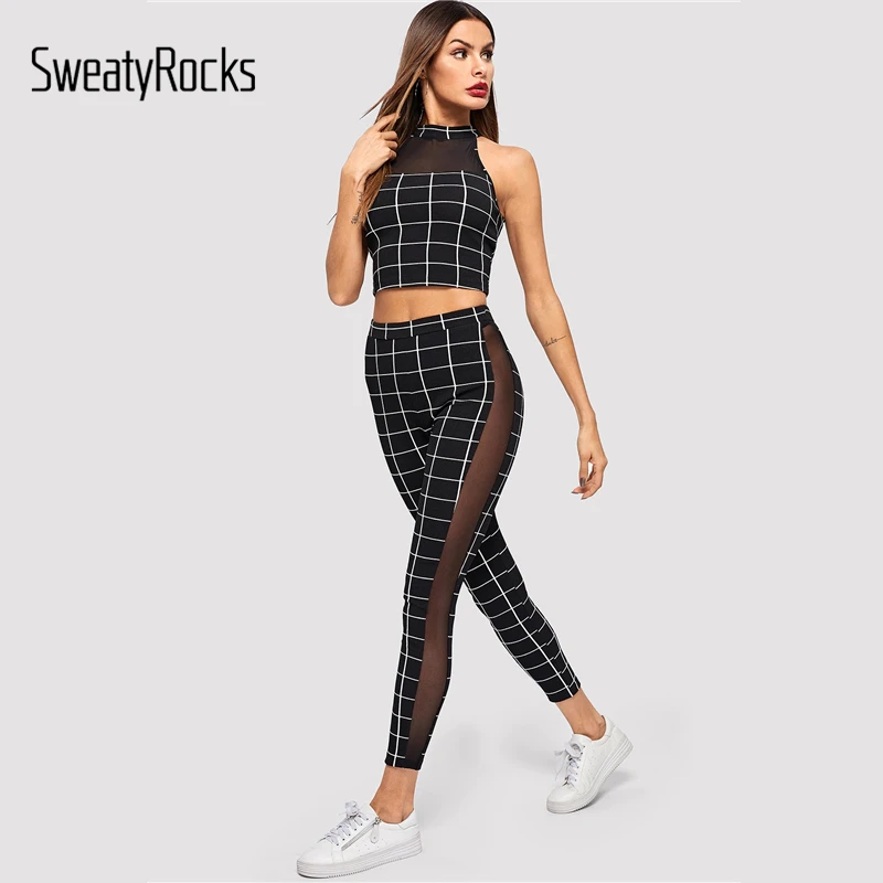 Комплект из топа и леггинсов в сеточку SweatyRocks, уличная одежда, эластичный сексуальный комплект из двух предметов, летний женский комплект, клетчатая одежда