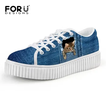 

FORUDESIGNS Leisure Women Street Shoes Cute Animal Denim Cat Printing Creepers Flat Platform Ladies Walking Shoes Plus Size