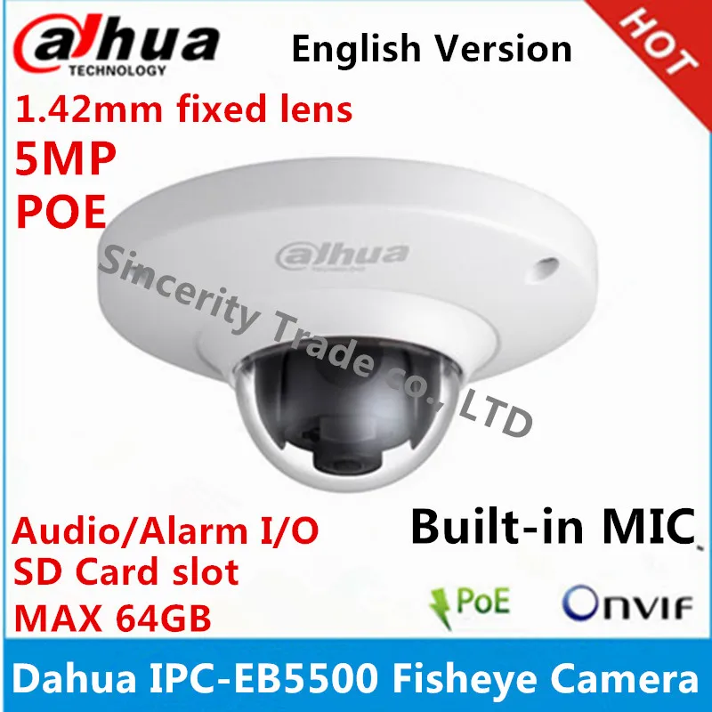 Dahua IPC-EB5500 5MP Full HD WDR Panorama 185 Degree built-in MIC with SD card slot POE Network Fisheye Dome IP Camera