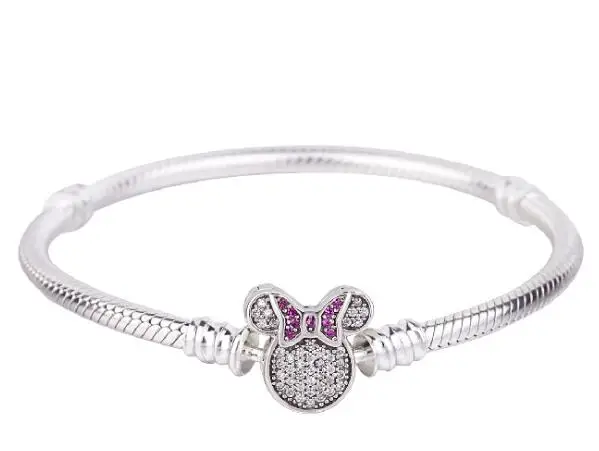 

Original 925 Sterling Silver Pan Bracelet Moments Minnie Mouse Clasp Snake Chain Bracelet Bangle Fit Bead Charm Jewelry