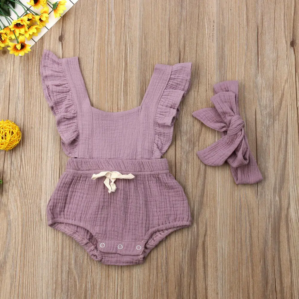 Детская летняя одежда Одноцветный обруч для новорожденных девочек, боди с оборками+ повязка на голову, 2 шт одежда хлопковая одежда, комплект
