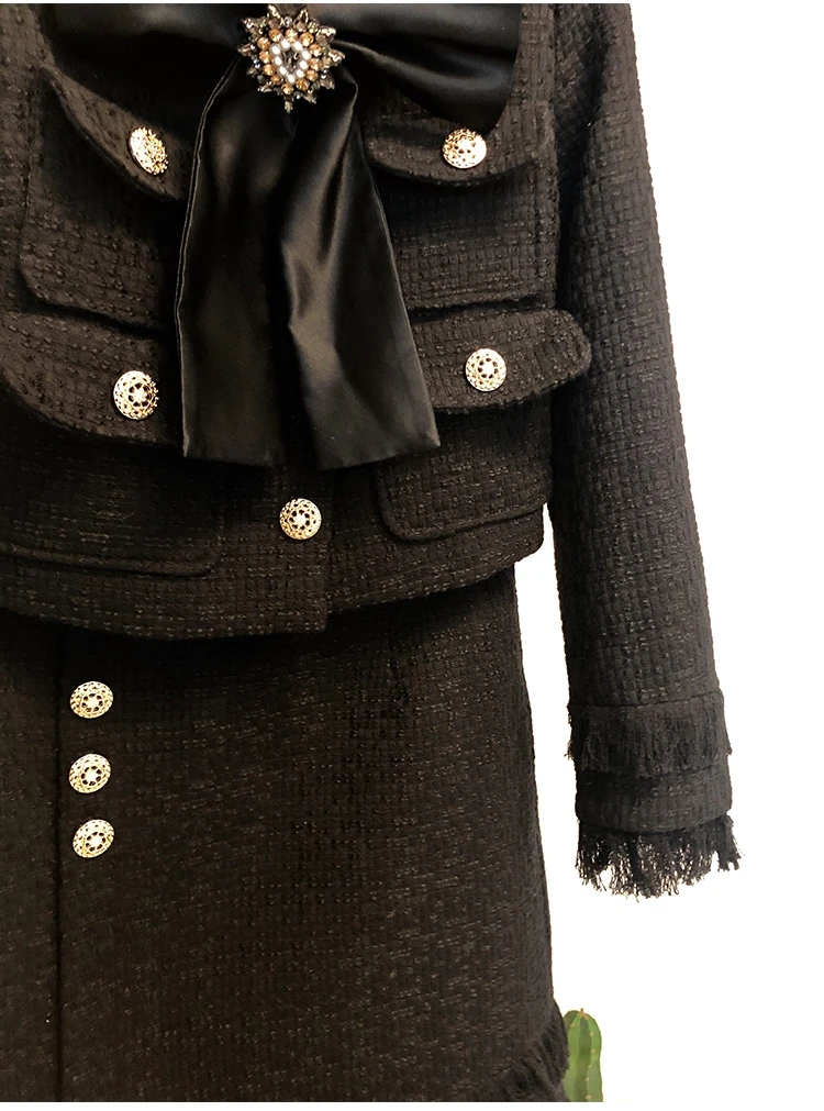 Новинка, Осенний подиумный твид, комплект из 2 предметов, юбка, женский зимний Черный жакет с бантом, пальто+ высокая талия, мини-карандаш с кисточками, полушерстяные костюмы