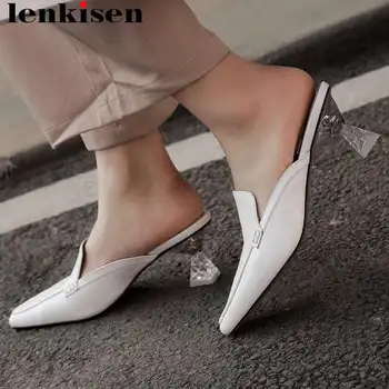 

Lenkisen genuine leather strange style crystals high heels elegant dress slip on mules classic square toe large size pumps L15