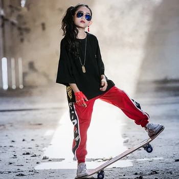 

Dance Costume For Girls Hip Hop Clothes 2pcs Black Shirt Red Pant Loose Street Dance Clothing Jazz Costume Girl Dancewear VDB370